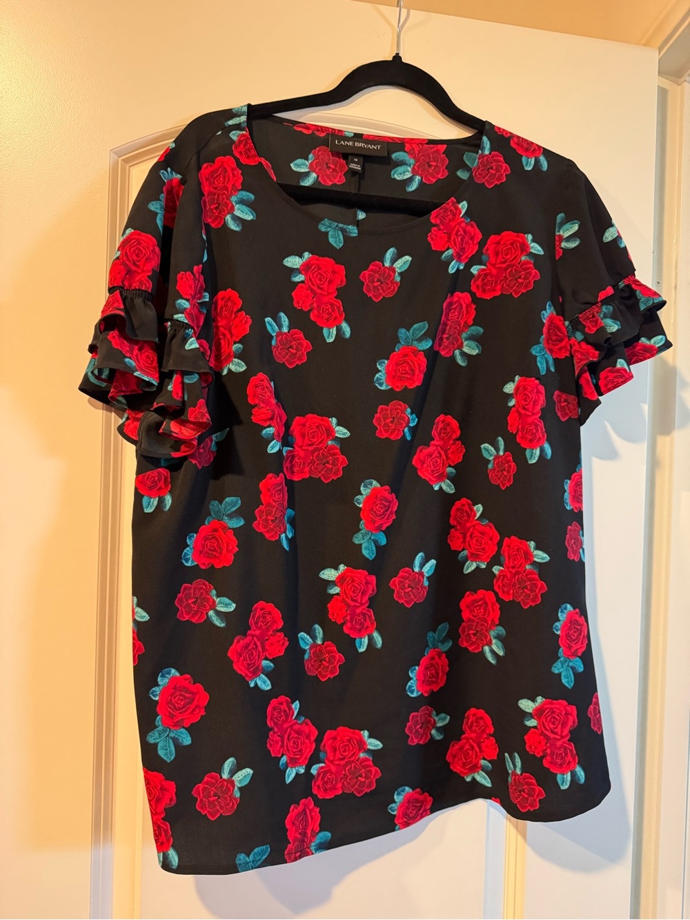 Lane Bryant Black Top with Red Rose Print and Ruffle Sleeves